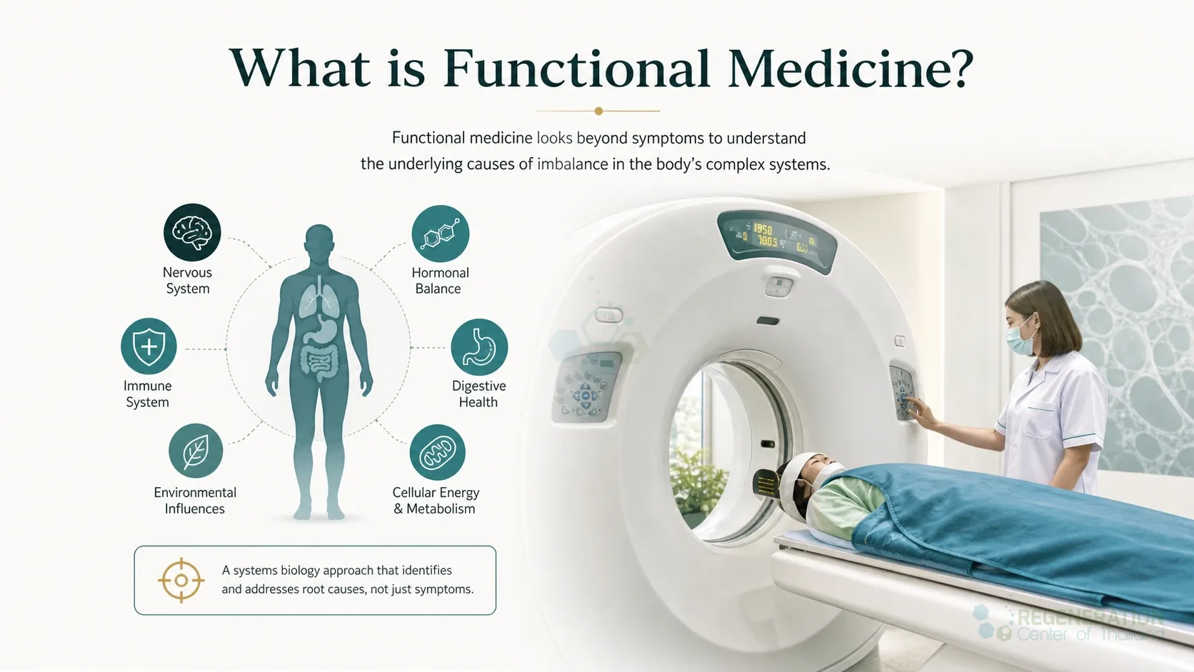 Clean clinical illustration for What is Functional Medicine? with concise explanatory text.