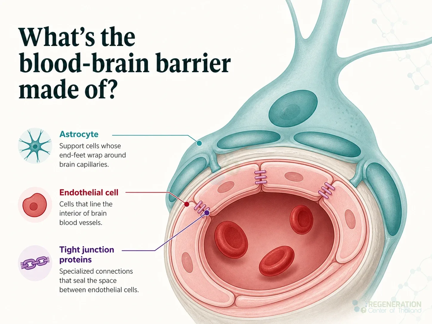 Diagram showing astrocytes, endothelial cells and tight junctions in the blood-brain barrier for Blood Brain Barrier: Protective Function & Bypassing Techniques.
