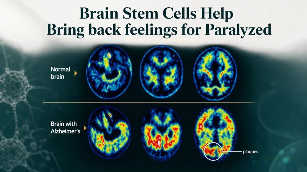 Brain imaging comparison labeled normal brain and brain with Alzheimer disease for Brain Stem Cells Help Bring back feelings for Paralyzed.