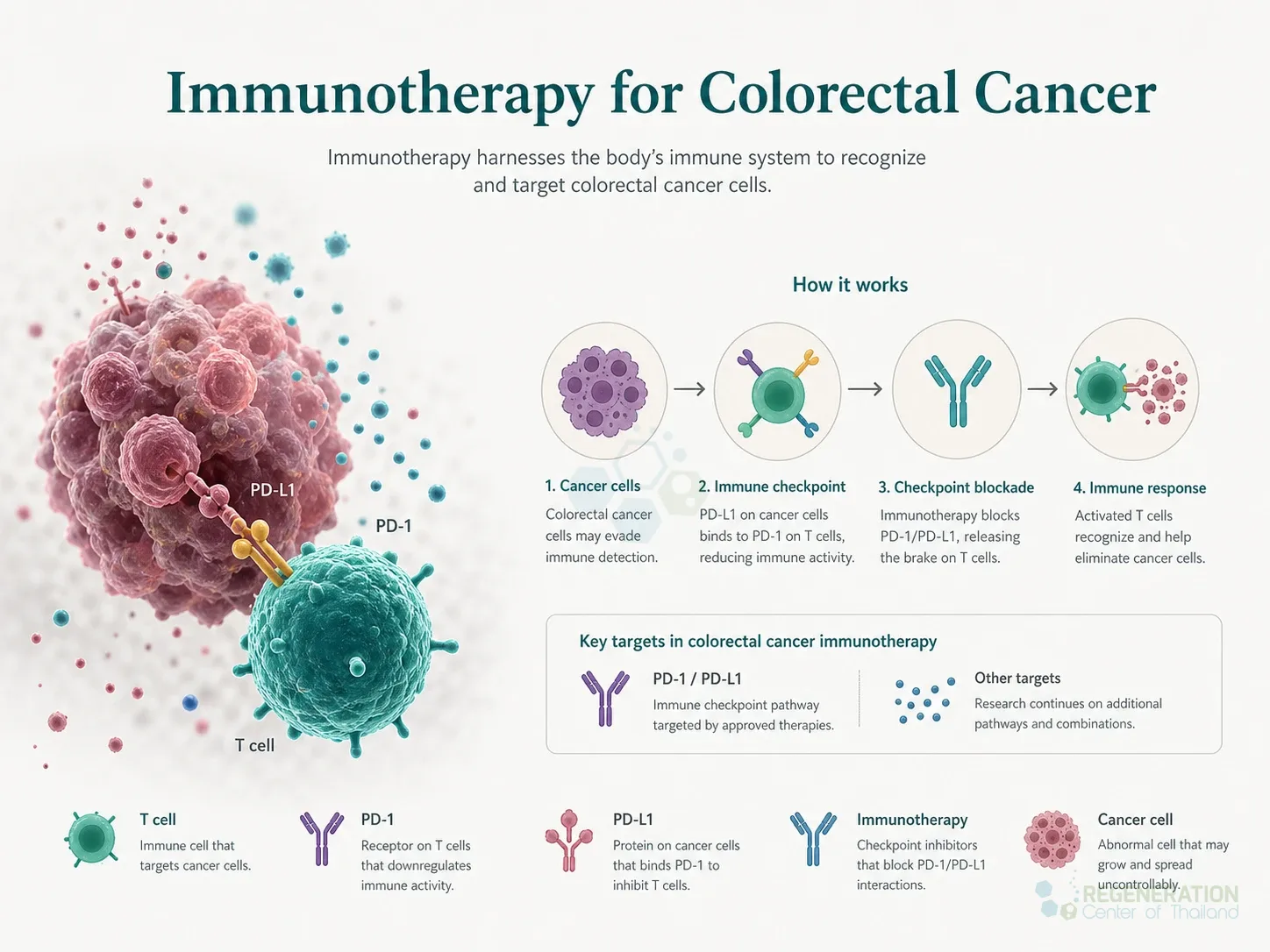Clean clinical illustration for Immunotherapy for Colorectal Cancer with concise explanatory text.