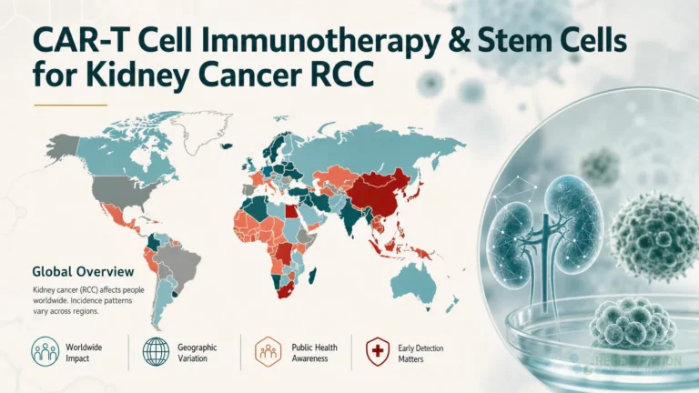 Clean clinical illustration for CAR-T Cell Immunotherapy & Stem Cells for Kidney Cancer RCC with concise explanatory text.