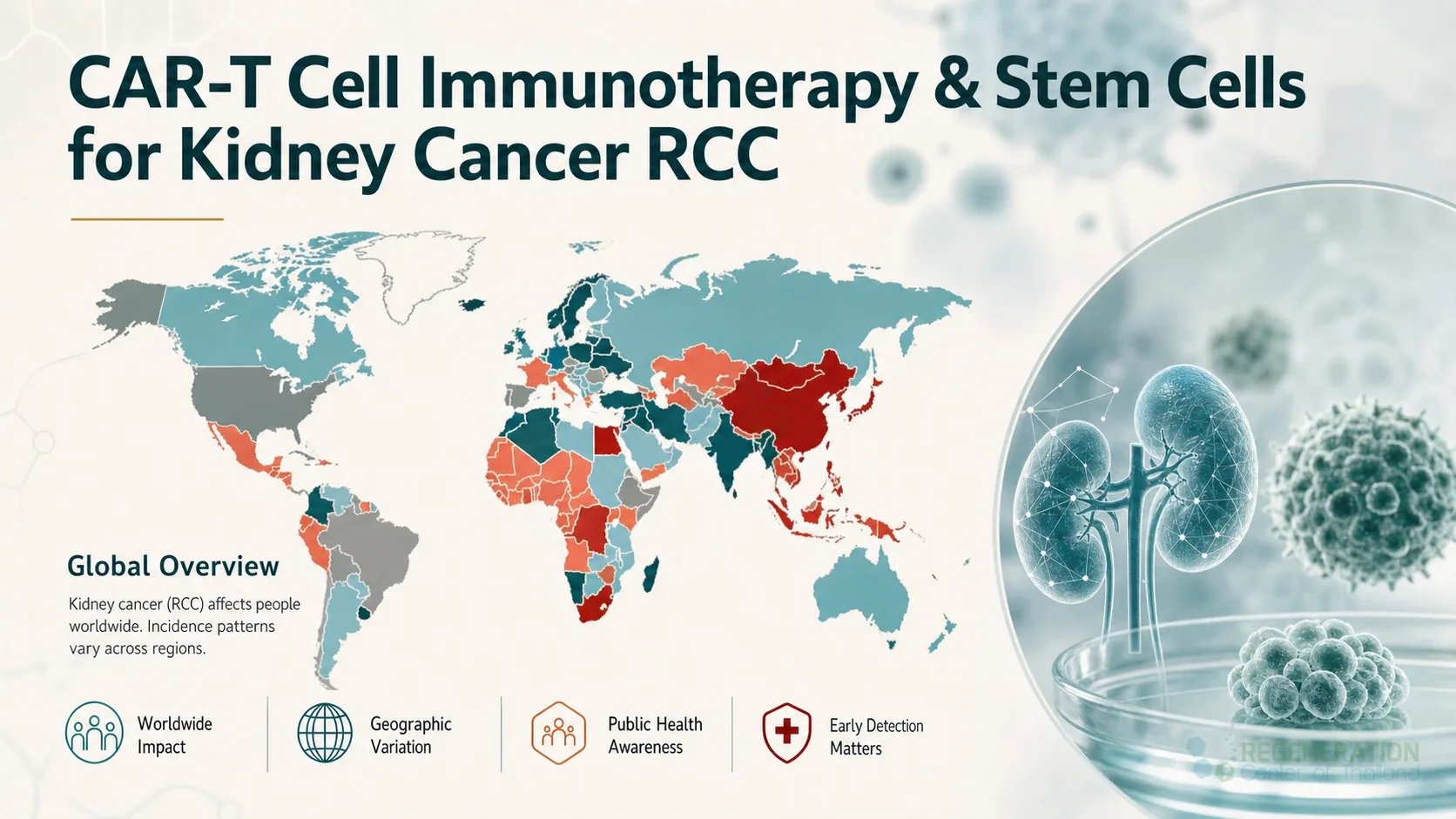 Clean clinical illustration for CAR-T Cell Immunotherapy & Stem Cells for Kidney Cancer RCC with concise explanatory text.