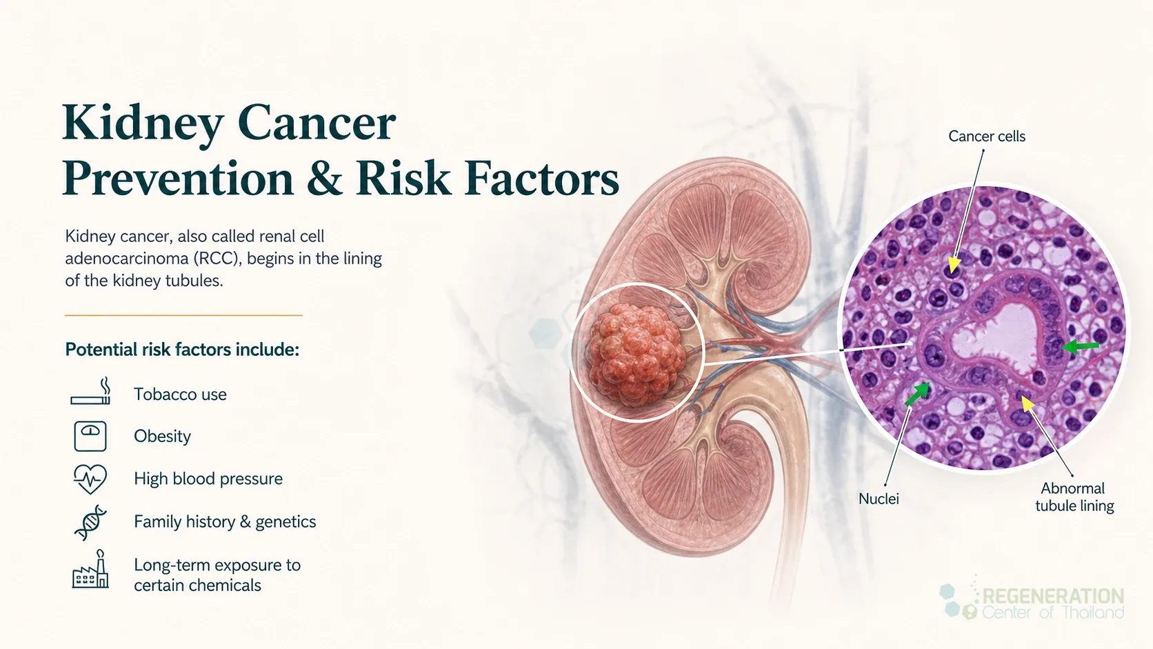 Clean clinical illustration for Kidney Cancer Prevention & Risk Factors with concise explanatory text.
