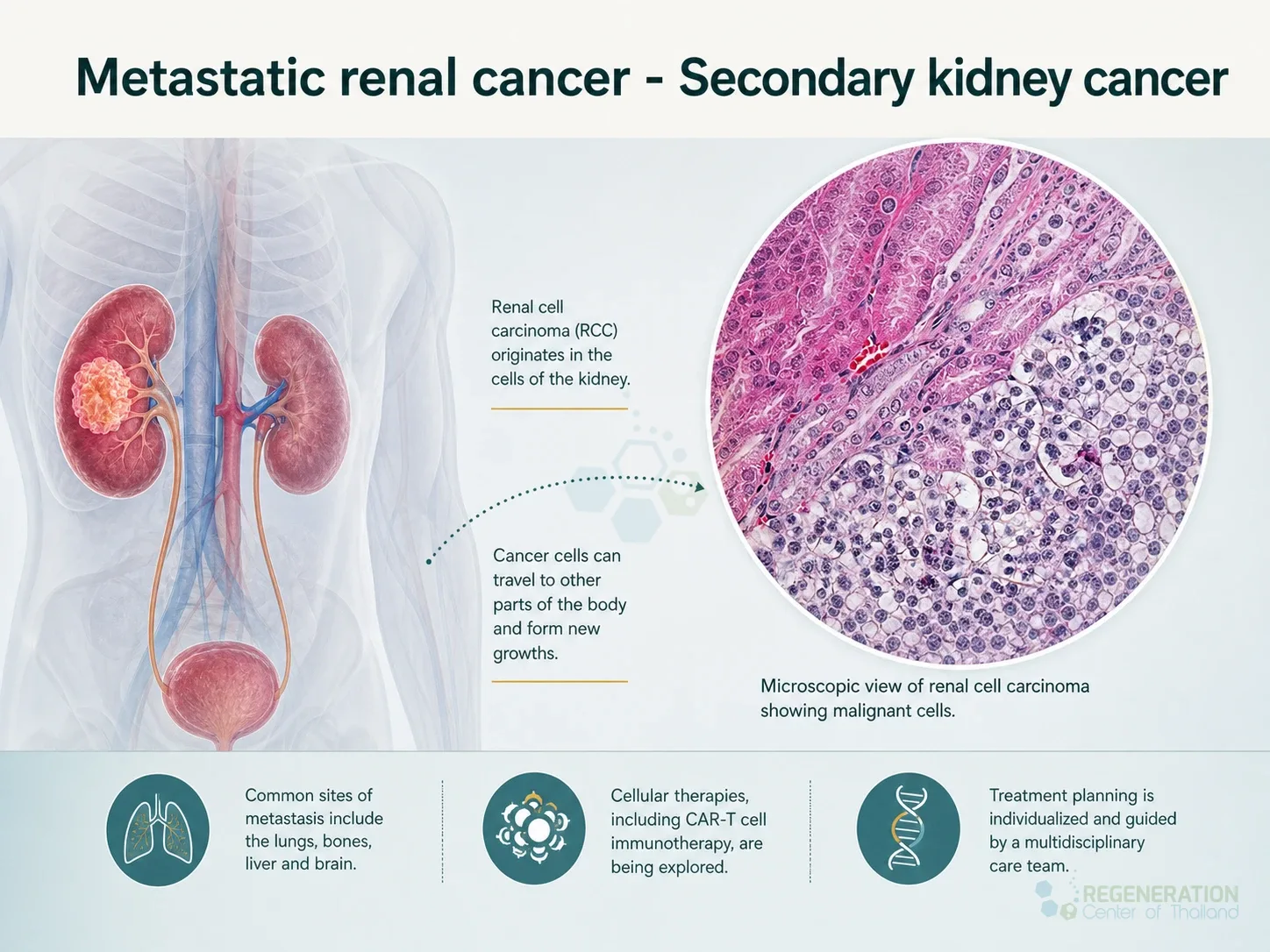 Clean clinical illustration for Metastatic renal cancer - Secondary kidney cancer with concise explanatory text.