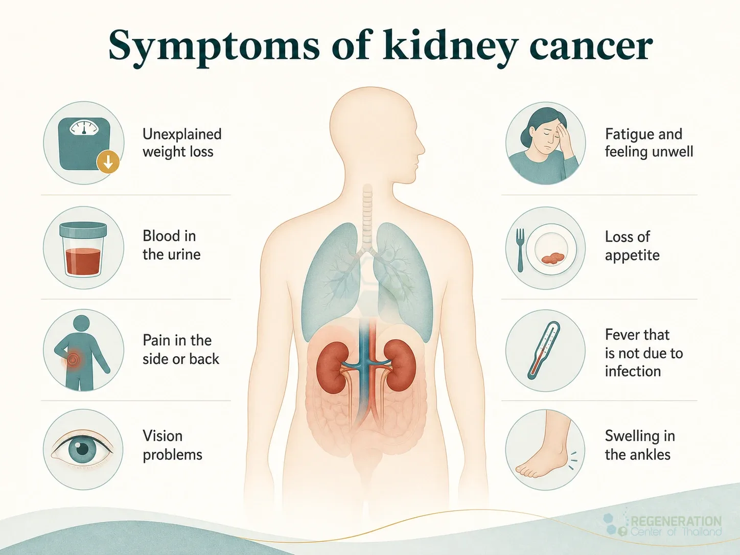 Clean clinical illustration for Symptoms of kidney cancer with concise explanatory text.