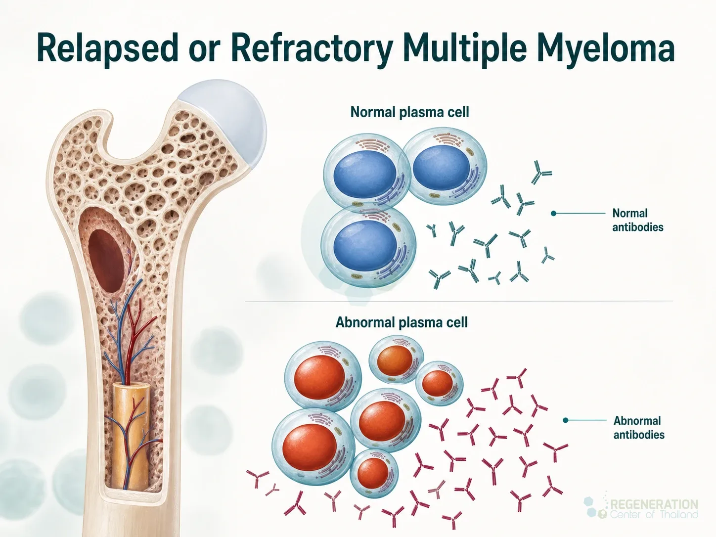 Clean clinical illustration for Relapsed or Refractory Multiple Myeloma with concise explanatory text.