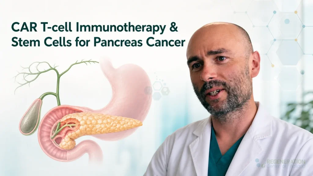 Editorial illustration for CAR T-cell Immunotherapy & Stem Cells for Pancreas Cancer, including the authored section headline.