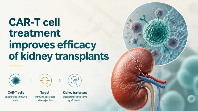 CAR T cells interacting with tissue in kidney transplant research for CAR-T cell treatment improves efficacy of kidney transplants.