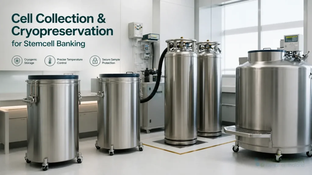 Cryogenic storage tanks in the Regeneration Center cell bank for Cell Collection & Cryopreservation for Stemcell Banking.
