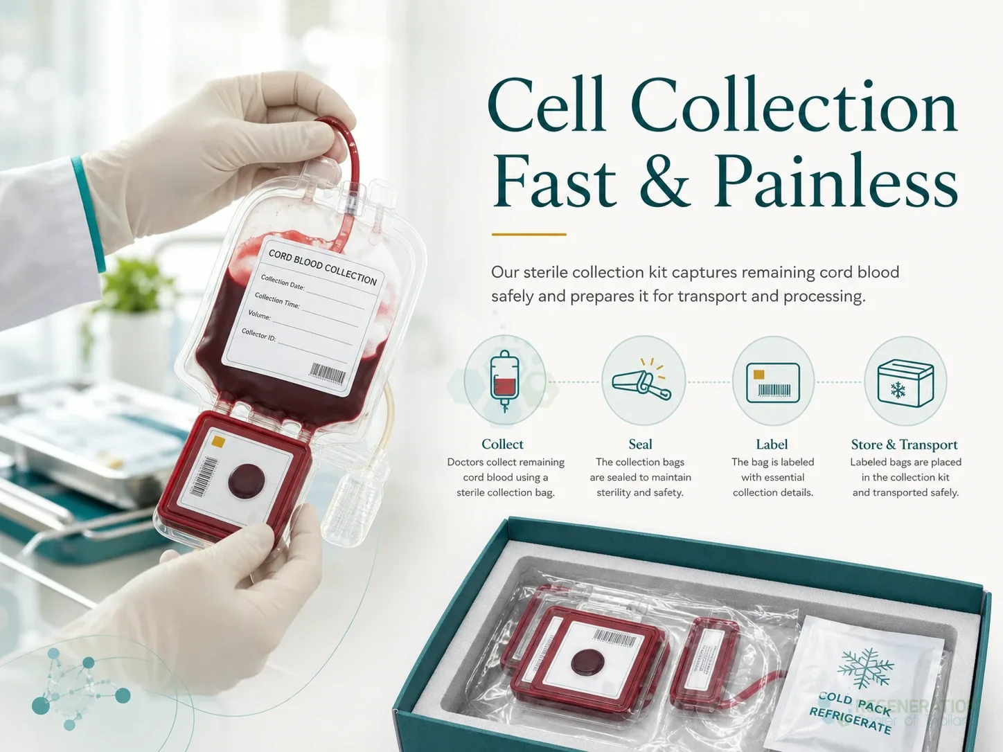 Cord blood collection and sterile storage kit components for Cell Collection & Cryopreservation for Stemcell Banking.