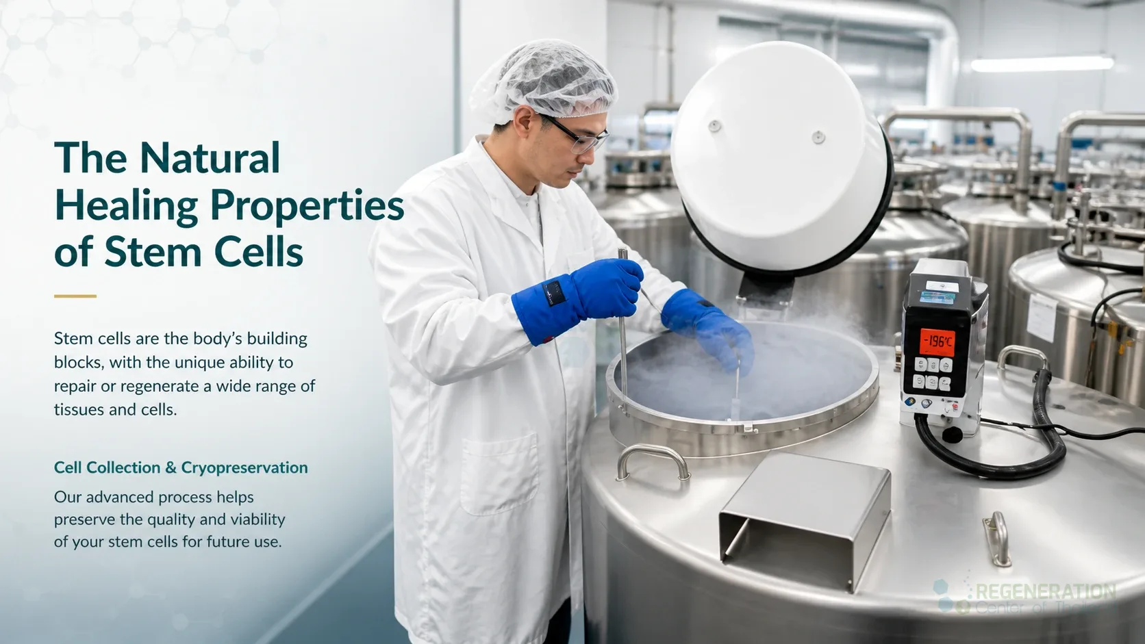 Laboratory specialist working with a cryogenic storage vessel for Cell Collection & Cryopreservation for Stemcell Banking.