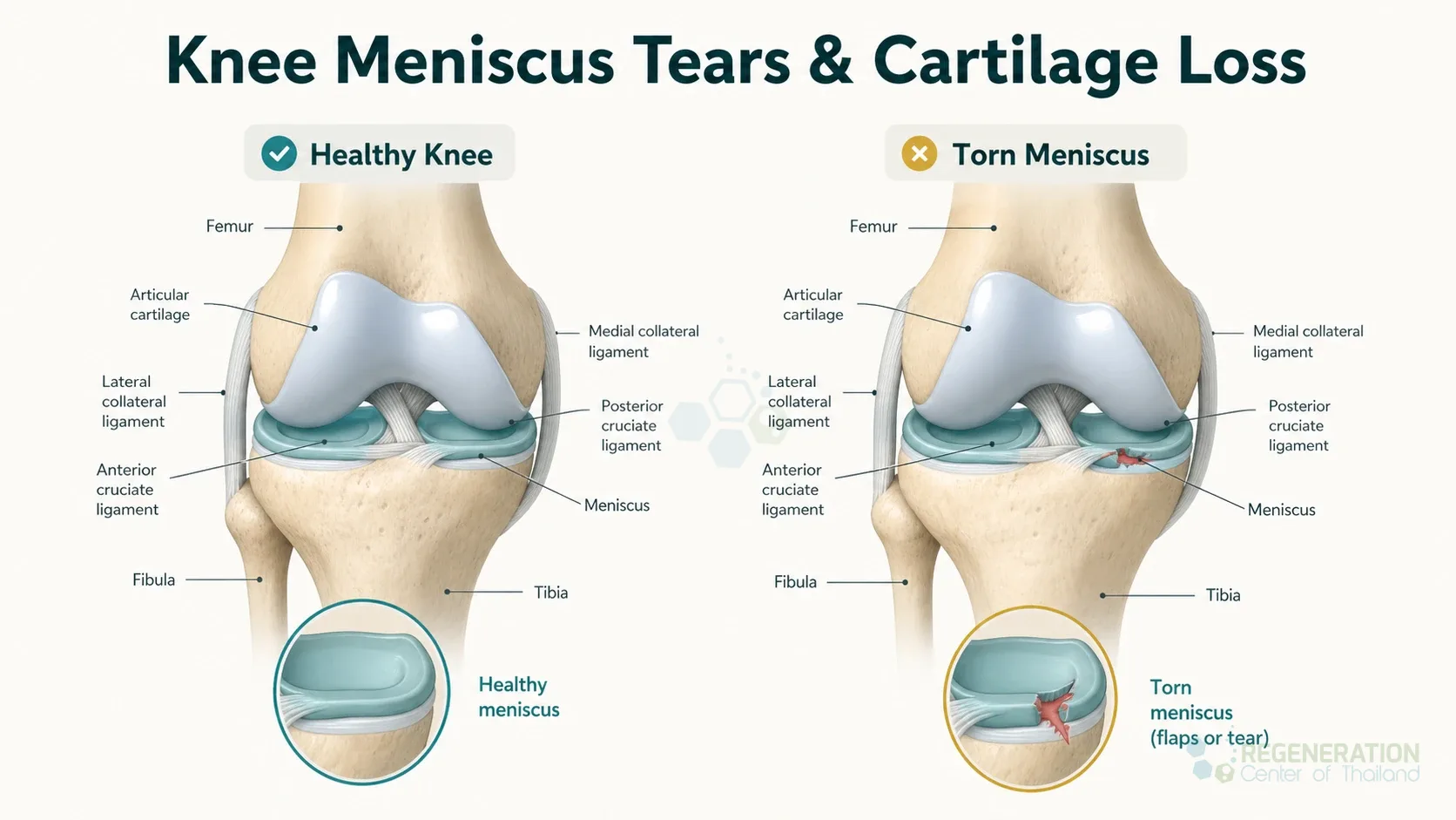 Clinical editorial image for Knee Meniscus Tears & Cartilage Loss, including the section headline.