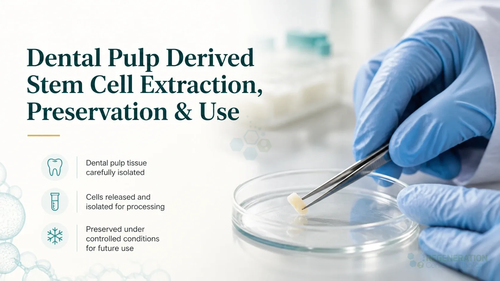 Dental pulp tissue being handled with forceps in a laboratory dish for Dental Pulp Derived Stem Cell Extraction,Preservation & Use.