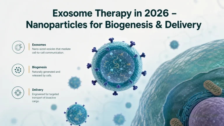 Clean clinical illustration for Exosome Therapy in 2026 – Nanoparticles for Biogenesis & Delivery with concise explanatory text.