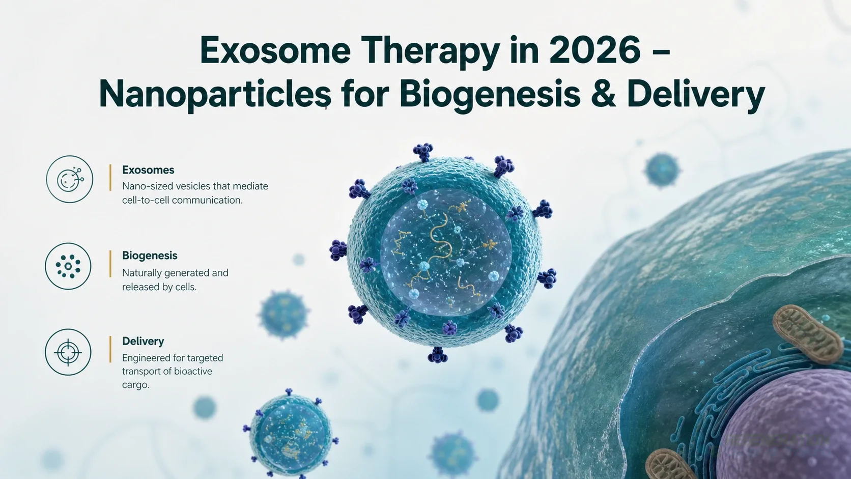 Clean clinical illustration for Exosome Therapy in 2026 – Nanoparticles for Biogenesis & Delivery with concise explanatory text.