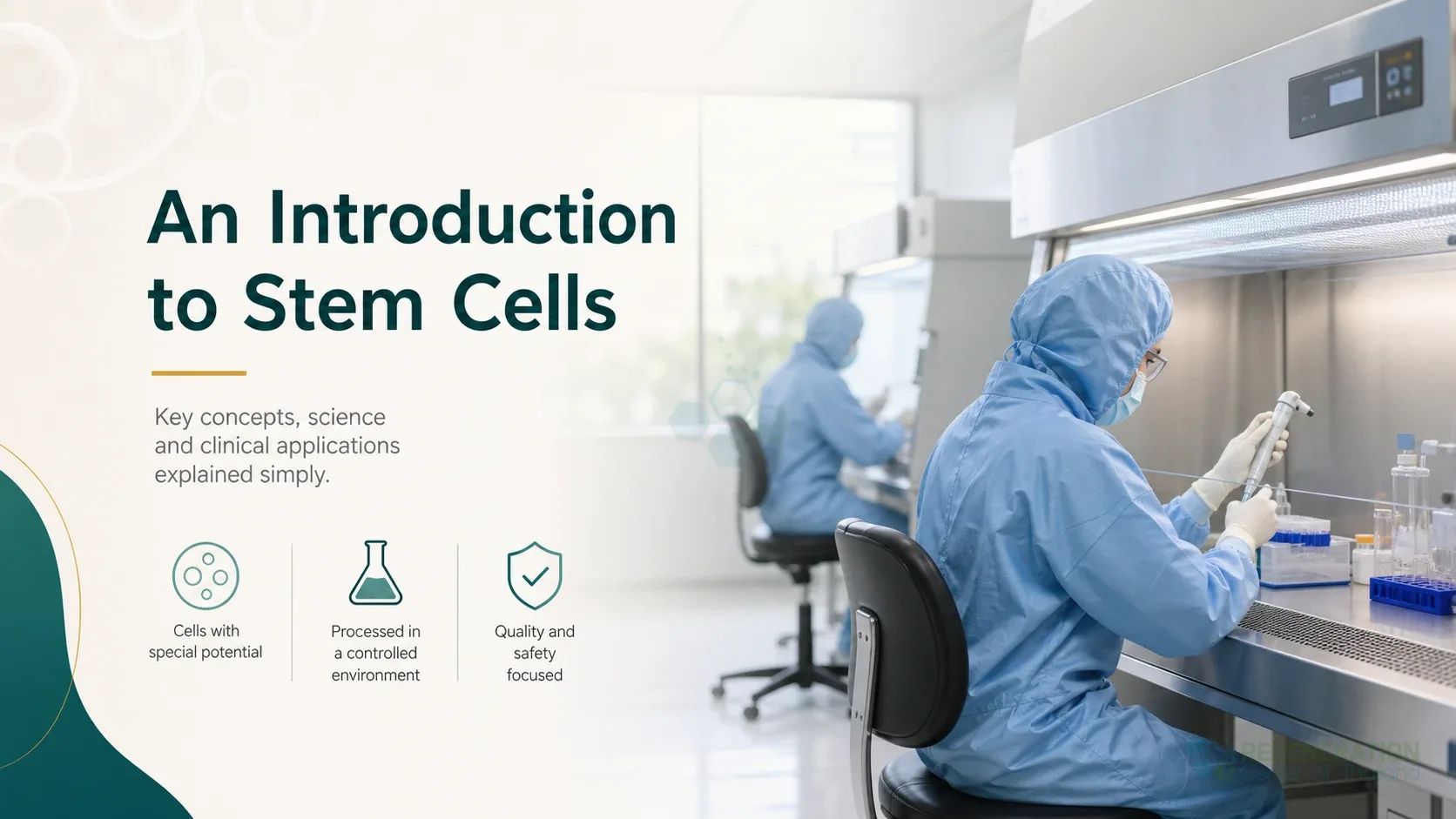 Laboratory specialists working at biosafety cabinets in a cell-processing facility for FAQ – Frequently Asked Questions.