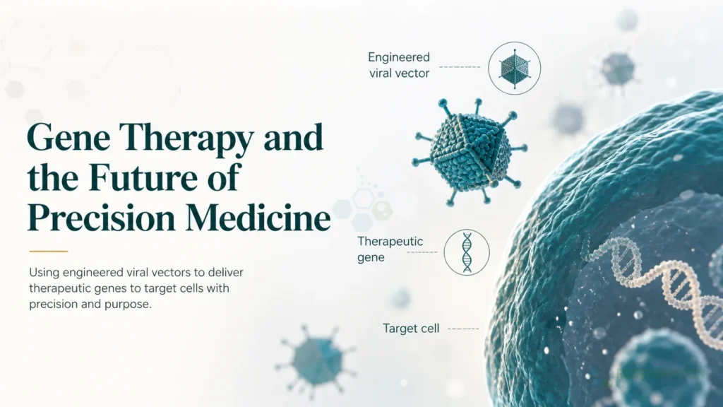 Concept illustration of viral vectors and genetic material used in gene therapy for Gene Therapy and the Future of Precision Medicine.