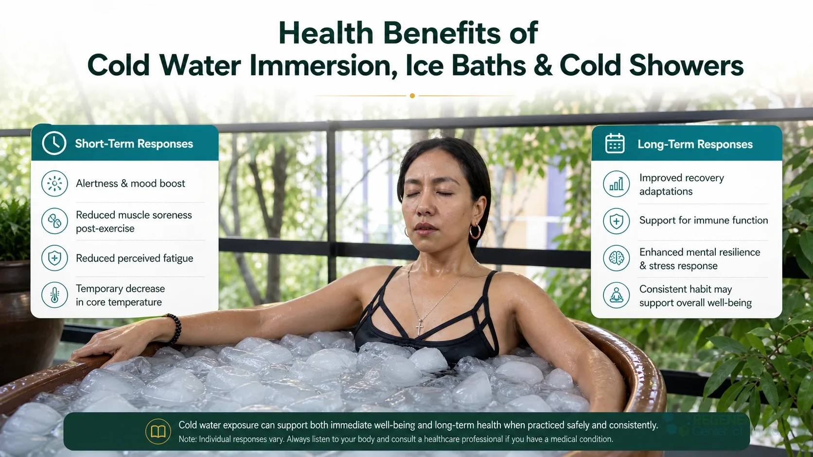 Infographic comparing short- and long-term responses to cold-water exposure for Health Benefits of Cold Water Immersion, Ice Baths & Cold Showers.
