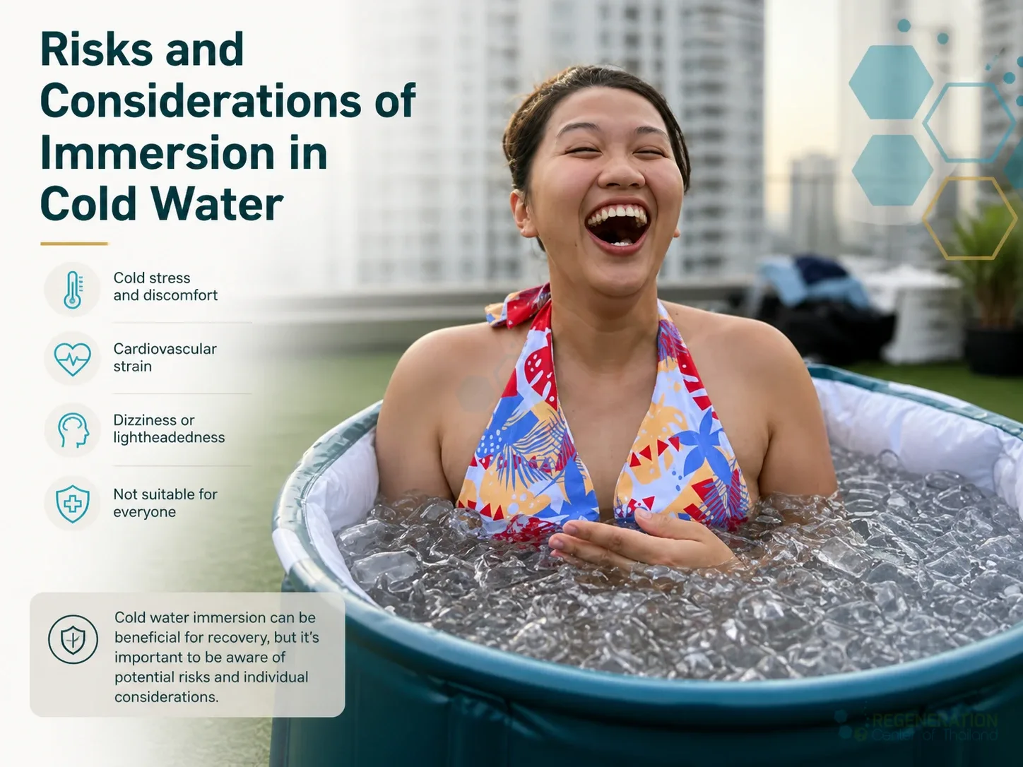 Athlete smiling while recovering in an ice bath for Health Benefits of Cold Water Immersion, Ice Baths & Cold Showers.