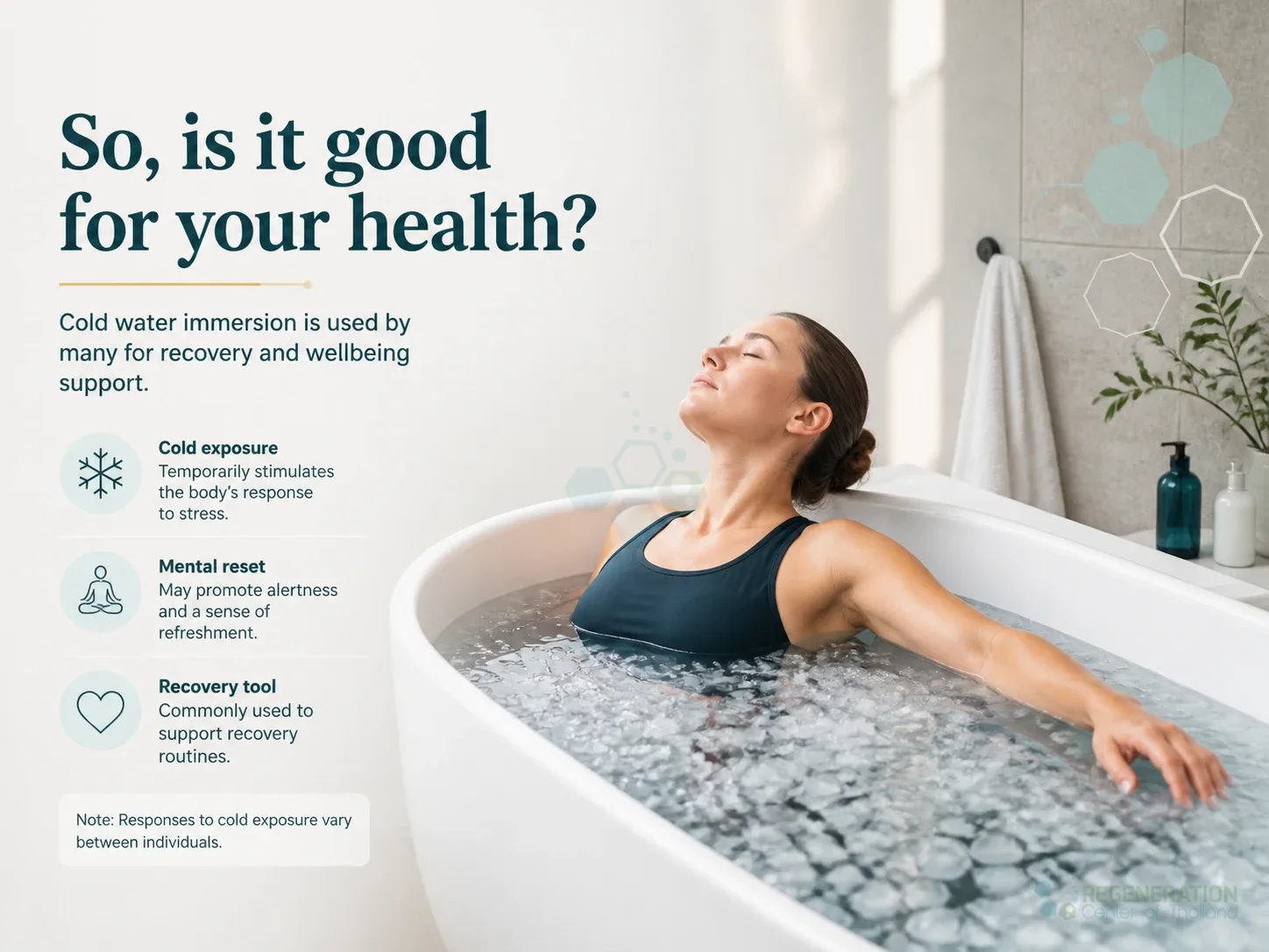 Woman reclining in an ice bath for cold-water recovery for Health Benefits of Cold Water Immersion, Ice Baths & Cold Showers.