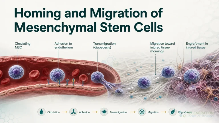 Illustration of stem cell homing from a blood vessel into injured tissue for Homing and Migration of Mesenchymal Stem Cells.