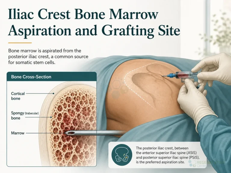 Medical illustration of bone marrow aspiration from the posterior iliac crest with bone cross-section detail for Iliac Crest Bone Marrow Aspiration and Grafting Site.