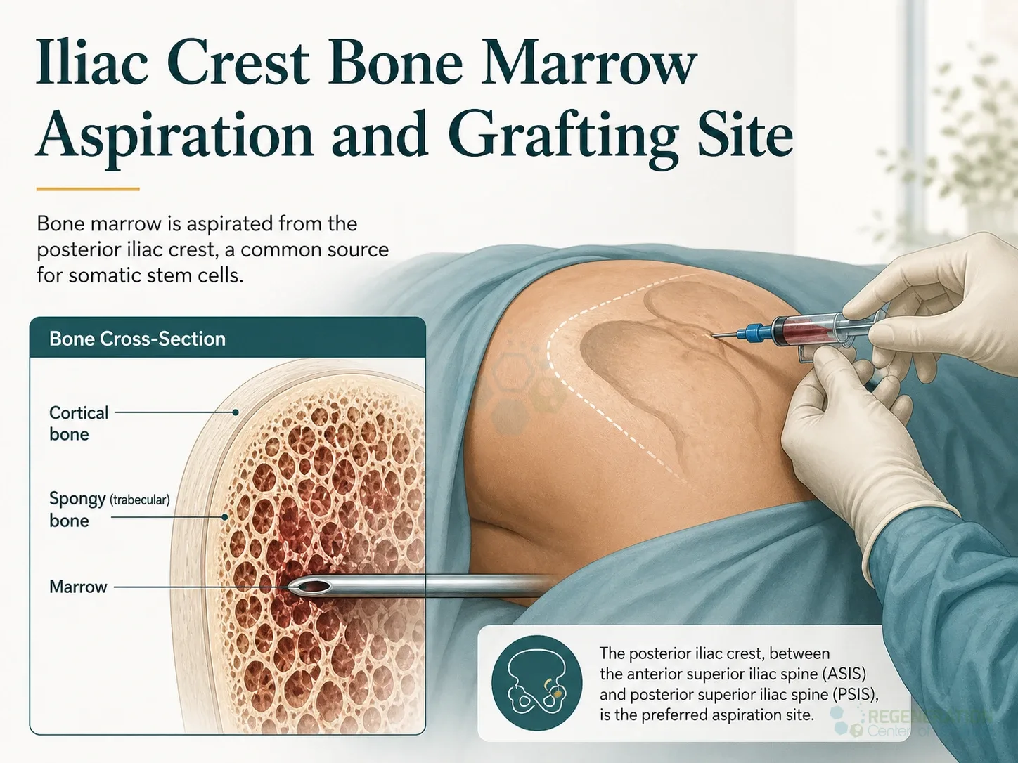 Medical illustration of bone marrow aspiration from the posterior iliac crest with bone cross-section detail for Iliac Crest Bone Marrow Aspiration and Grafting Site.