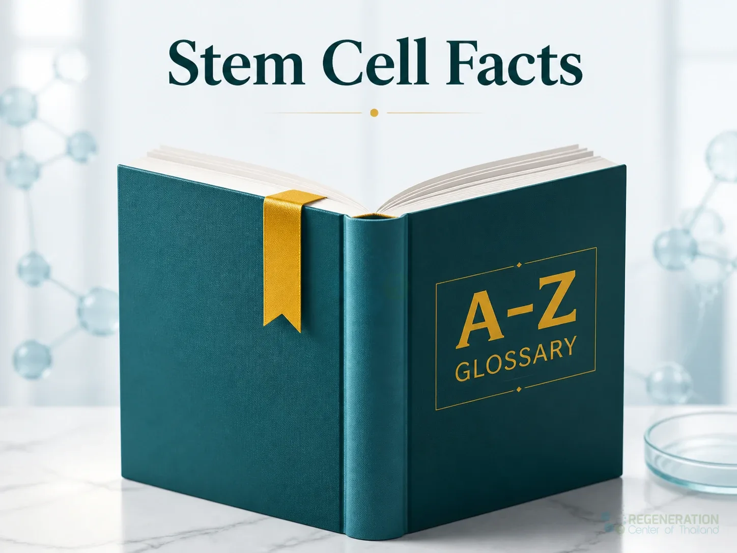 Open teal A–Z glossary book illustrating stem cell facts