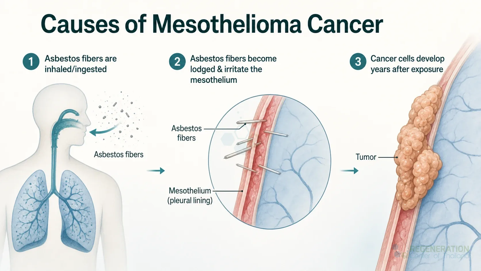 Clean clinical illustration for Causes of Mesothelioma Cancer with concise explanatory text.