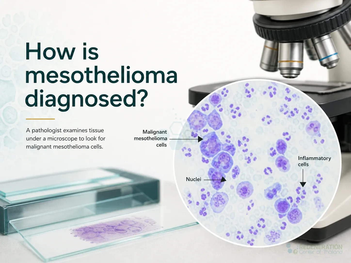 Clean clinical illustration for How is mesothelioma diagnosed? with concise explanatory text.