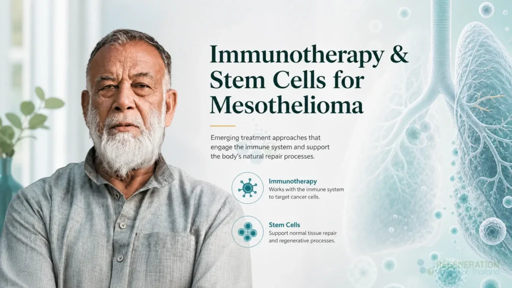 Clean clinical illustration for Immunotherapy & Stem Cells for Mesothelioma with concise explanatory text.