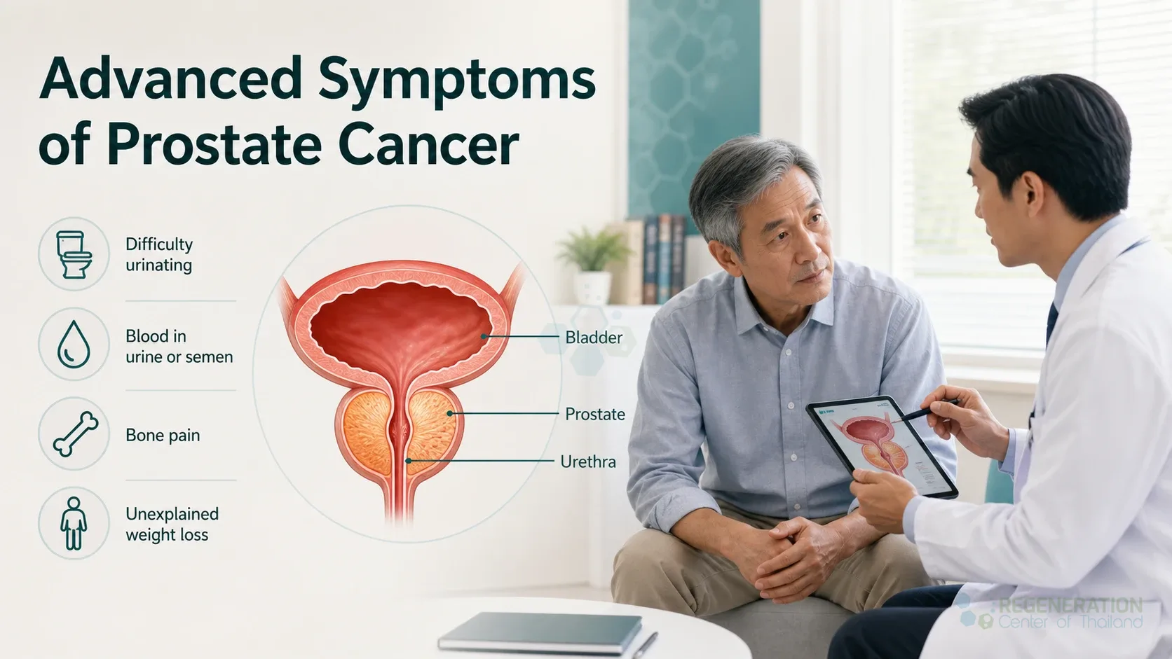 Clean clinical illustration for Advanced Symptoms of Prostate Cancer with concise explanatory text.
