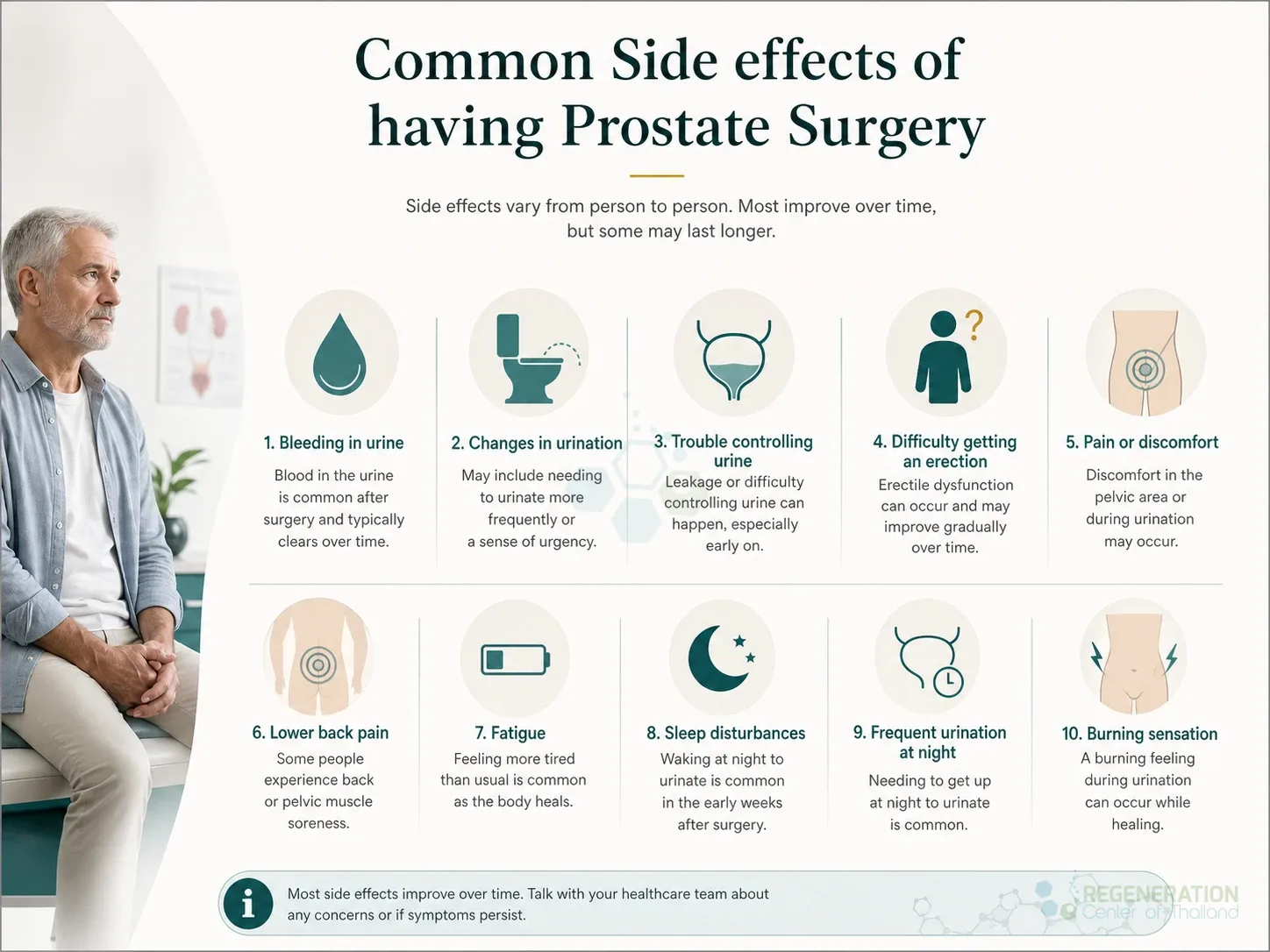 Clean clinical illustration for Common Side effects of having Prostate Surgery with concise explanatory text.