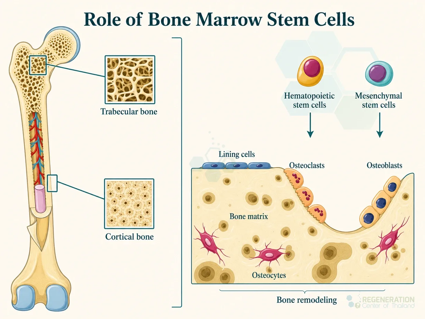 Diagram of bone structures and cells involved in bone remodeling