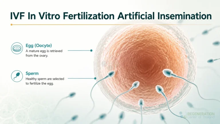 Illustration of sperm approaching an egg labeled Embryonic Germ Cells for IVF In Vitro Fertilization Artificial Insemination.
