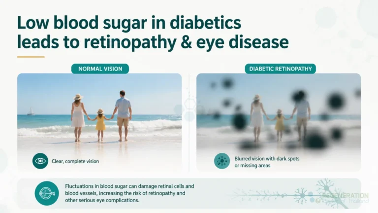 Comparison of normal vision and blurred vision caused by diabetic retinopathy for Low blood sugar in diabetics leads to retinopathy & eye disease.