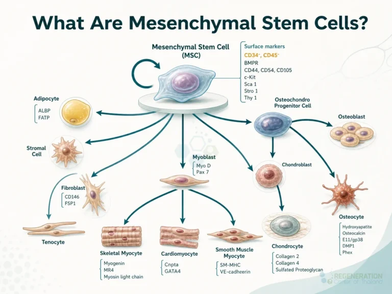 Diagram of mesenchymal stem cell differentiation into bone, cartilage, fat and muscle lineages for Mesenchymal Stem Cell Isolation & Expansion of MSC+ Cells.