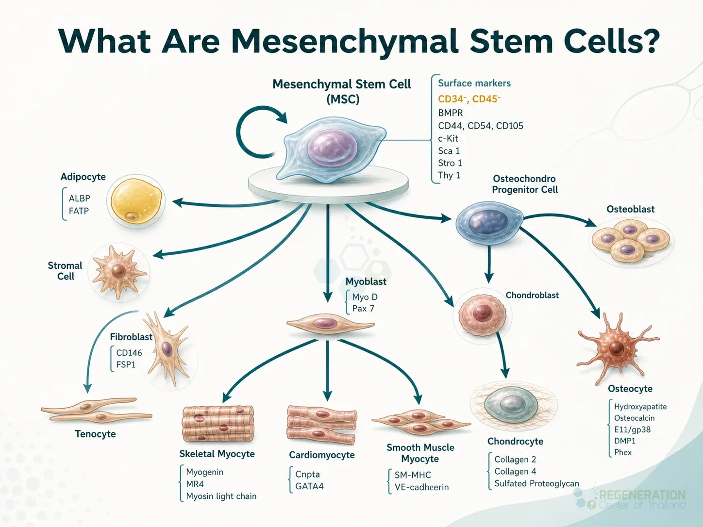 Diagram of mesenchymal stem cell differentiation into bone, cartilage, fat and muscle lineages for Mesenchymal Stem Cell Isolation & Expansion of MSC+ Cells.