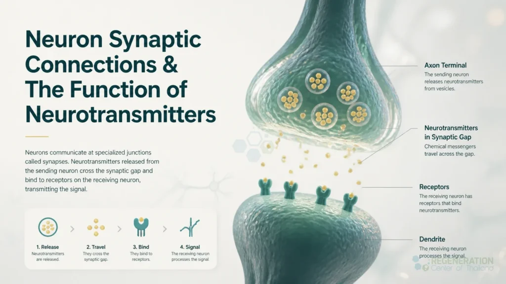 Illustration of neurotransmitter signaling across a neuronal synapse for Neuron Synaptic Connections & The Function of Neurotransmitters.