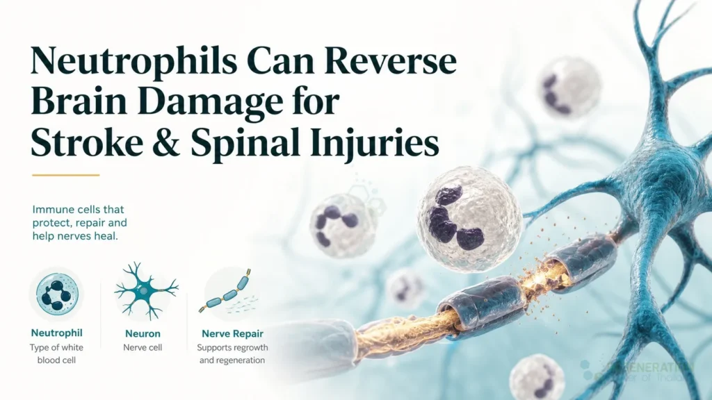 Illustration of neurons and immune cells in clinical and experimental neuroimmunology for Neutrophils Can Reverse Brain Damage for Stroke & Spinal Injuries.