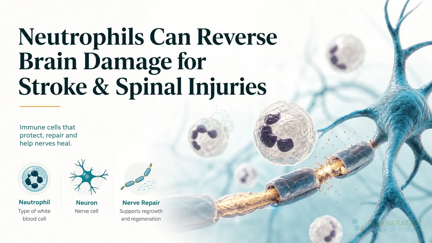 Illustration of neurons and immune cells in clinical and experimental neuroimmunology for Neutrophils Can Reverse Brain Damage for Stroke & Spinal Injuries.