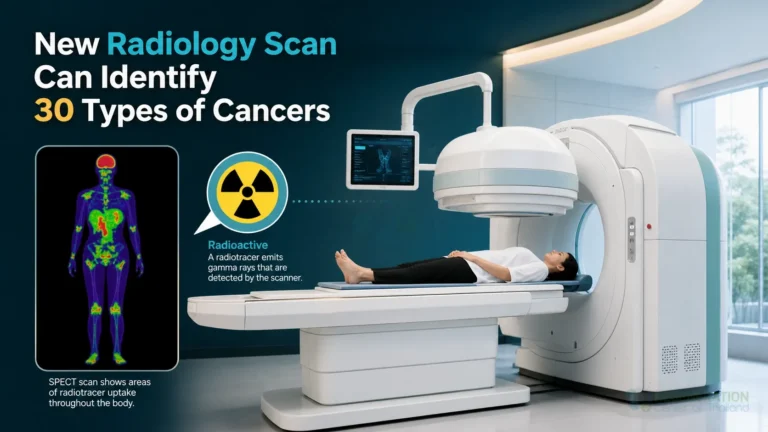 Illustration of a SPECT scan used to identify cancer activity in the body for New Radiology Scan Can Identify 30 Types of Cancers.