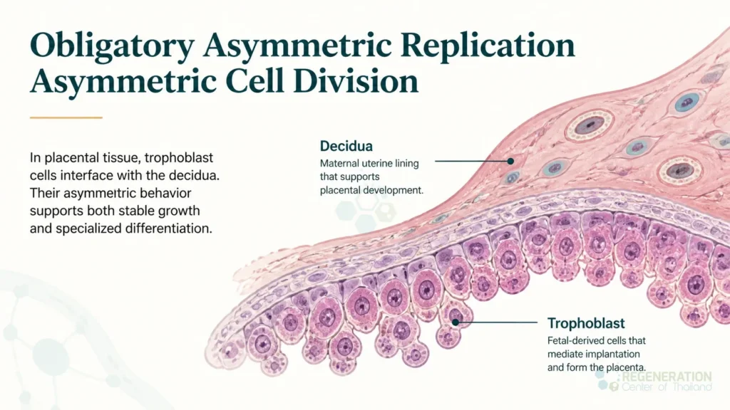 Placental tissue histology showing decidua and trophoblast structures for Obligatory Asymmetric Replication Asymmetric Cell Division.