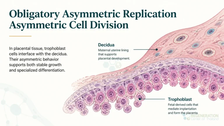 Placental tissue histology showing decidua and trophoblast structures for Obligatory Asymmetric Replication Asymmetric Cell Division.