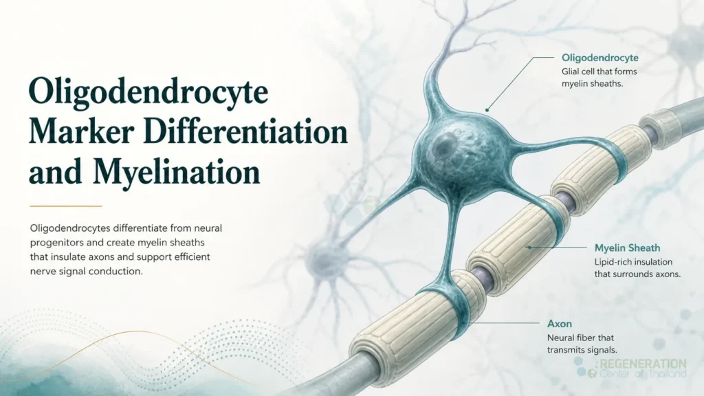 Neural network illustration labeled Oligodendrocyte Marker Differentiation for Oligodendrocyte Marker Differentiation and Myelination.
