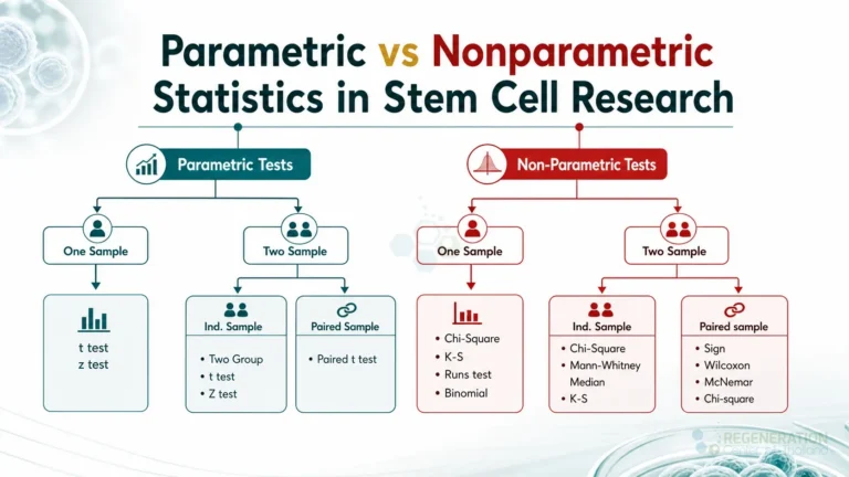 Flowchart comparing parametric and nonparametric statistical tests for Parametric vs Nonparametric Statistics in Stem Cell Research.