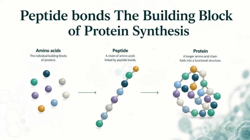Clean clinical illustration for Peptide bonds The Building Block of Protein Synthesis with concise explanatory text.