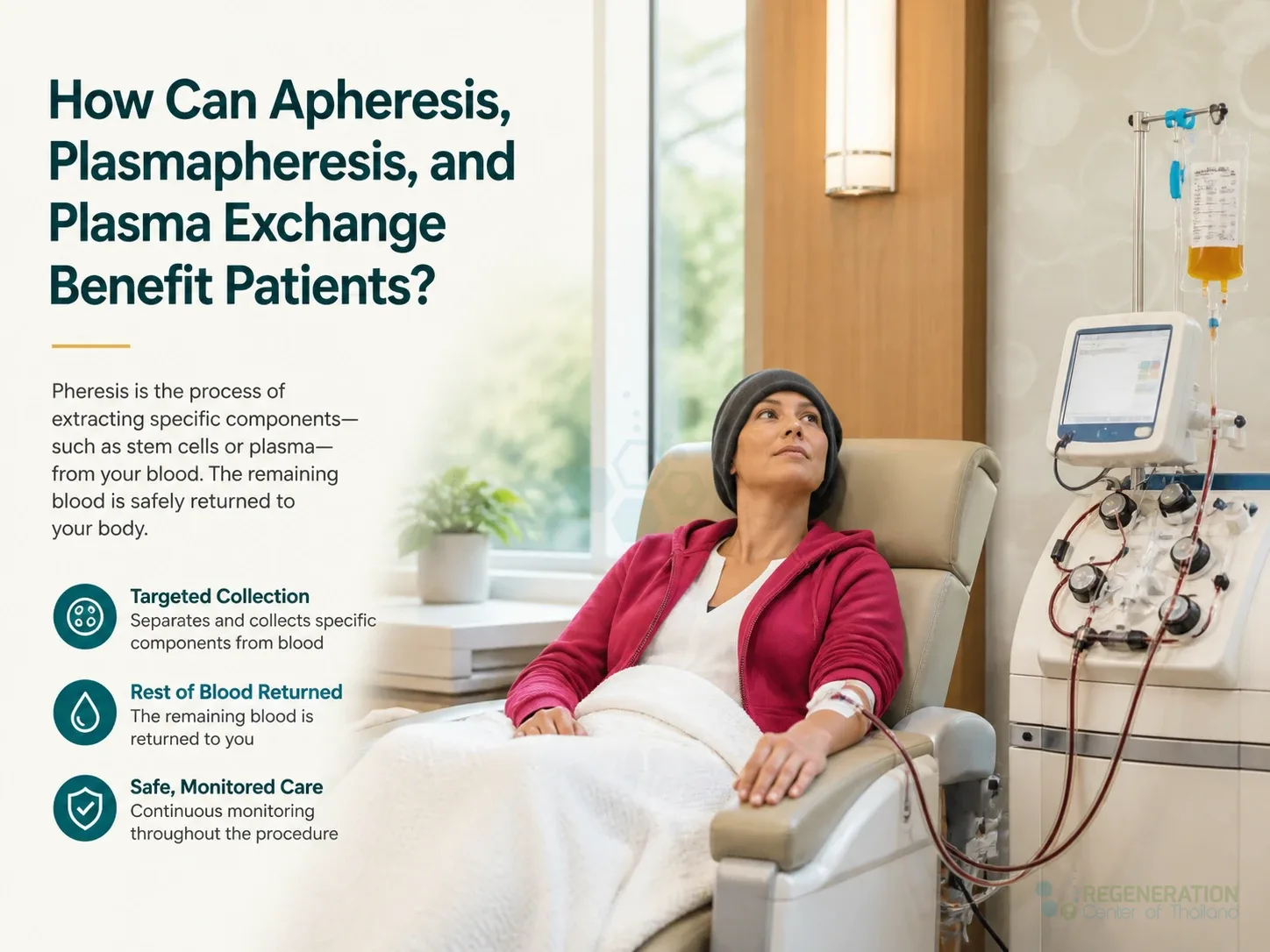Patient undergoing apheresis cell collection beside hospital equipment for Pheresis Blood & Platelet Donation | Apheresis Hemapheresis.