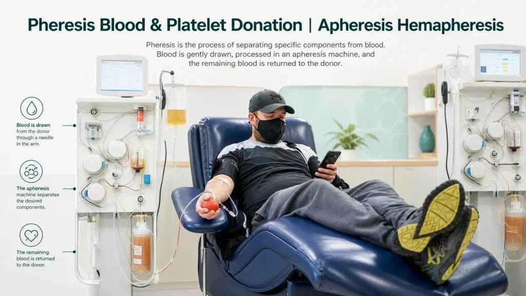 Patient receiving plasmapheresis and plasma exchange in a clinical treatment chair for Pheresis Blood & Platelet Donation | Apheresis Hemapheresis.