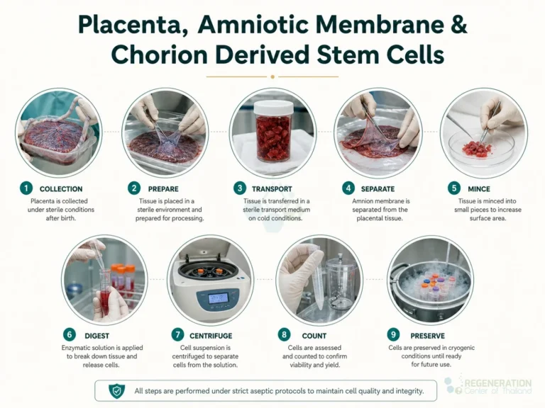 Placental tissue collection and laboratory processing workflow for Placenta, Amniotic Membrane & Chorion Derived Stem Cells.